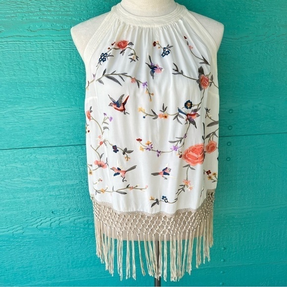 ANTHROPOLOGIE EMBROIDERED BIRDS FUN FLORAL PRINT FRINGE GATSBY HALTER STYLE … - Picture 9 of 14